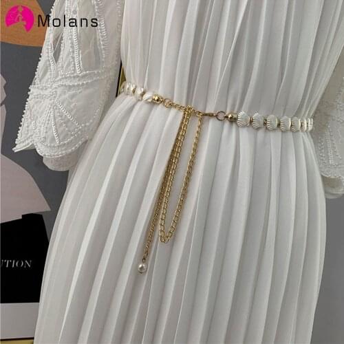 MOLANS 2020 Elegant Tassel Chain Belt Shell Pearl Metal Womens Dress with Slim belt Wedding Party Waist Decoration Belt