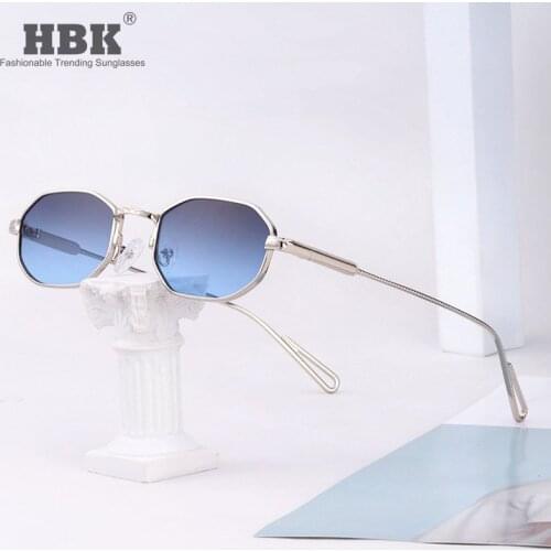 HBK Polygon metal Frame Steampunk Sunglasses Women Men Vintage Small Blue Gradient Male Blue Brown Sun Glasses for Men Uv400
