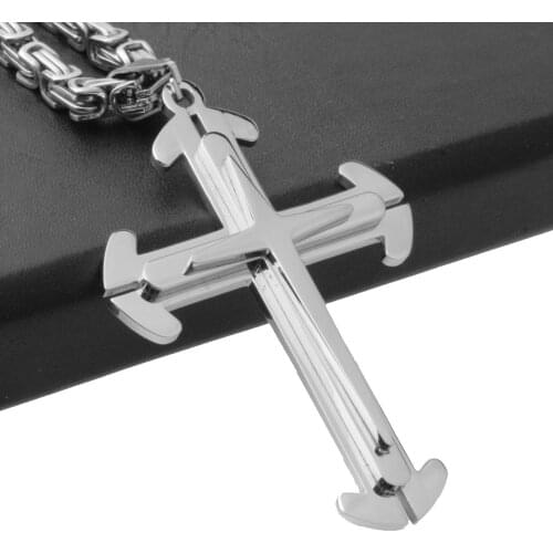 Granny Chic Cross Pendant Necklace For Men Polished Silver Color Stainless Steel Byzantine Link Chain Men Hip Hop Jewelry
