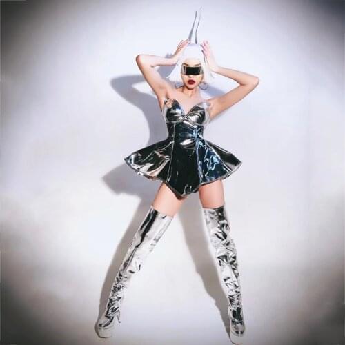 Nightclub Sexy Technology Sense Silver Interstellar Dress Headwer Pole Dance Clothing Gogo Costume Stage Show Outfits XS2453