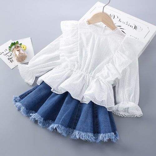 2-7 Years High Quality Spring Girl Clothing Set 2021 New Fashion White Solid Shirt + Denim Skirt Kid Children Girls Clothes