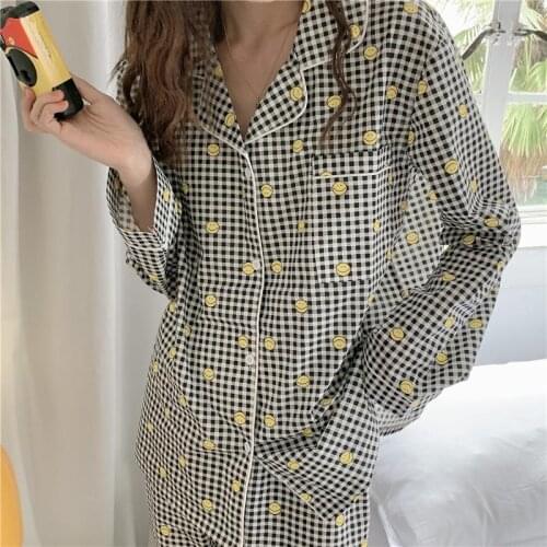 Sleepwear all match loose sweet homewear autumn geometric new plaid nightwear women pajama sets smiley print trousers L435