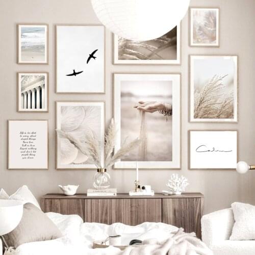 Sand Falling Reeds Mushroom Birds Calm Beach Nordic Poster Wall Art Print Canvas Painting Decoration Pictures For Living Room