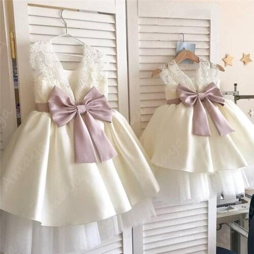 Amaya White Puffy Flower Girls Dresses for Wedding Lace Top with Bow Holy Communion Gowns Party Princess Christmas Dresses