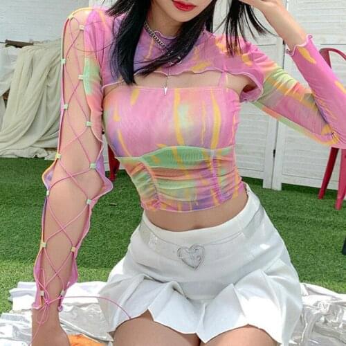 Sexy Women Mesh Sheer Clothes Smock Shirt Blouse+Ruched Sling Vest Camis 2PCS Tie-dye Colorful Sexy Streetwear See-through Tops