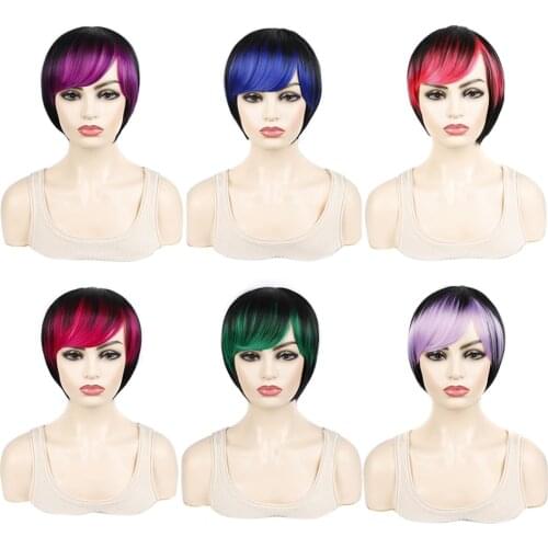 Vunshina Short Ombre Synthetic Wig With Bangs Pink Blue Green Purple Red Fringe Highlight Natural Cosplay Wigs For Black Women