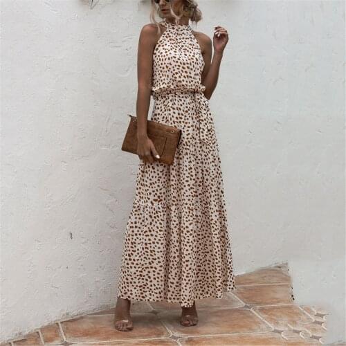 Women Summer Fashion Dot&Floral Print Boho Long Dress Evening Party Beach Sundress Halter Off Shoulder Sleeveless Maxi Dress