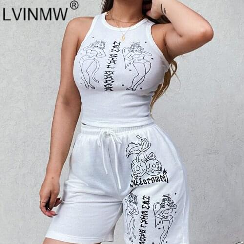 LVINMW Sports Casual Fit Slim Printed White Two Piece Set Women O Neck Sleeveless Ribbed Tank Tops Drawstring High Waist Shorts
