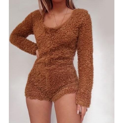Women Winter Warm Soft Comfortable Plush Long Sleeve Pajamas Jumpsuit Solid Brown 2020 One Piece Sleepwear Onesies Playsuit
