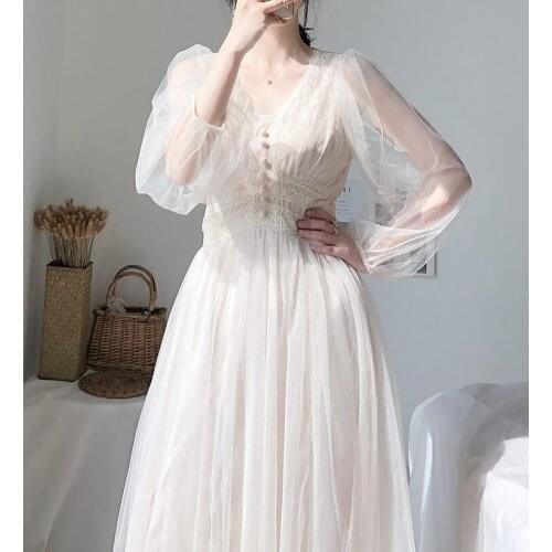 Dress Women Mesh New 2020 Dress Elegant button A-Line Solid Puff Sleeve Empire V-Neck lace voile Mesh Dress Long Dress 388E