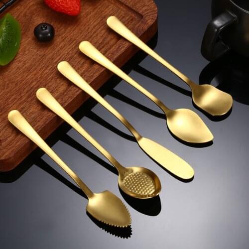 Gold Tableware Stainless Steel Coffee Dessert Spoon Ice Cream Strawberry Spoons Teaspoons Butter Knife Cutlery Set Dropshipping