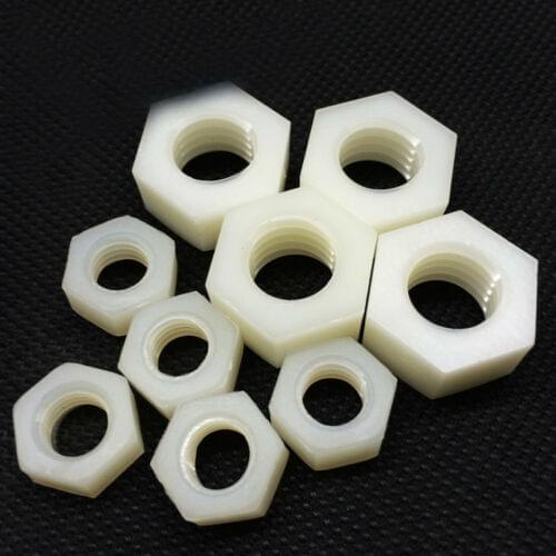 10/25PCS 13Size M2 M2.5 M3 M4 M5 M6 M8 M10 M12 M14 M16 M18 M20 Nylon Hex Nut Bolts Nuts White Nuts
