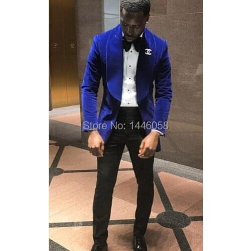 2018 Royal Blue Velvet Fashion Men Suits Velvet Blazer Custom Made Prom Tuxedos For Men Groom Wedding Suit (Jacket+Pants+Bow)