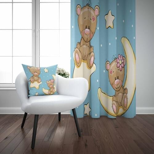Else Blue Teddy Bear Moon Star Children Room Modern Pattern Backdrop Curtain