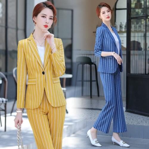 IZICFLY New Style Autumn Winter Yellow Striped suit with Pant Uniform 2 PCS office women Elegant Business Blazer and Trouser Set