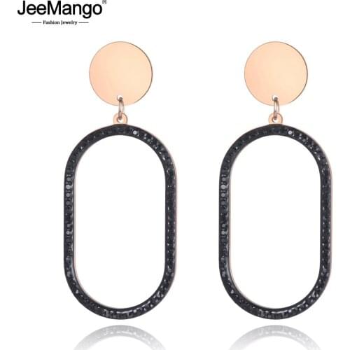 JeeMango OL Style Stainless Steel Hollow Oval Earrings Jewelry Rose Gold Black/White Clay Crytal Earrings For Women Girl JE19108