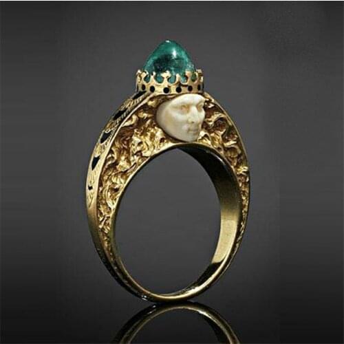 Vintage Femme Male Pharaoh Imperial Crown Inlaid Green Gemstone Face Ring For Women Bijoux Jewelry Gift Party