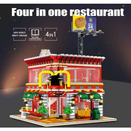City street view 4in1 McDonalds hamburger restaurant moc building block with light Ronald McDonald figures bricks toy collection
