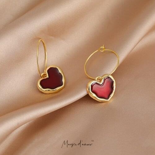 Korean Fashion New Design Drip Oil Vintage Heart Pendants Women Dangle Earrings