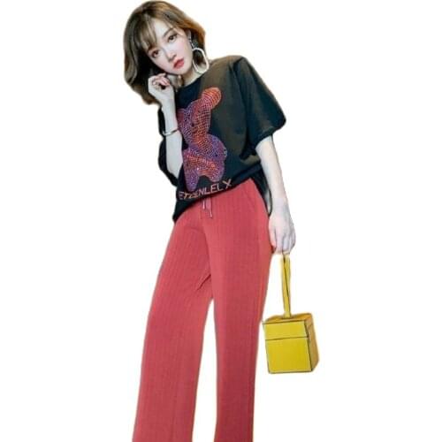 Fashion Cotton T-Shirt + Wide-Leg Pants Suit Womens Clothing 2021 Summer New Hot Diamond Casual Large Size Two Piece Set Women