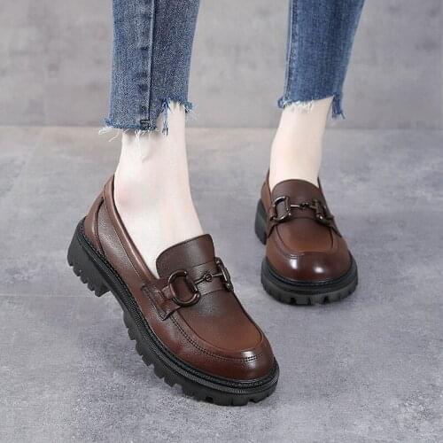 New British Style Loafers Women Thick-soled First Layer Cowhide Retro Mid-heel Single Shoes Small Leather Shoes Women