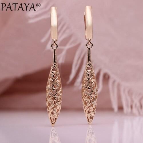 PATAYA New Unique Long Earrings Women Wedding Fine Cute Fashion Jewelry 585 Rose Gold Hollow Carving Vintage Tip Dangle Earrings