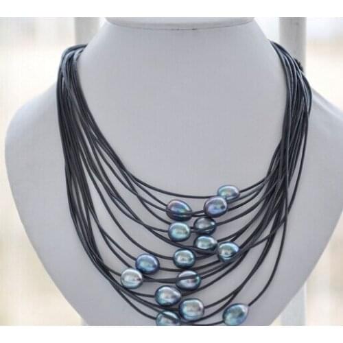 15strands 11-13mm Freshwater peacock black rice pearl black leather necklace