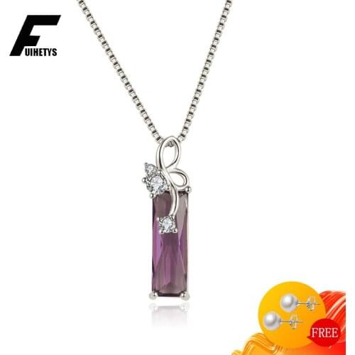 925 Silver Jewelry Necklace Rectangle Amethyst Zircon Gemstone Pendant for Women Wedding Engagement Party Accessories Wholesale