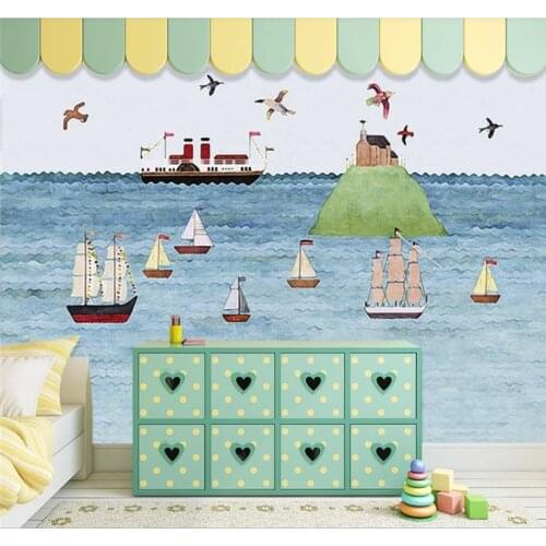 Custom 3D wallpaper mural Mediterranean sailing childrens room cartoon background childrens room interior painting