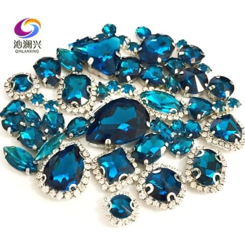 Peacock blue Mix size Crystal buckle+claw rhinestone,Silver base galss sew on stones diy/Clothing accessories 50pcs/pack