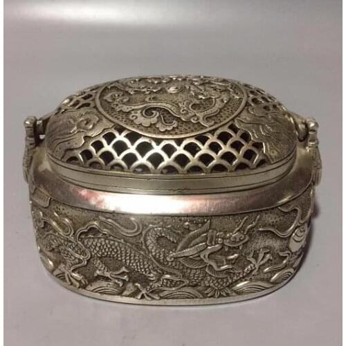 Chinese Tibet Silver Handmade Carved Flower Incense Burner Double Dragon Play Bead Handwarmer Censer Statue Home Decoration