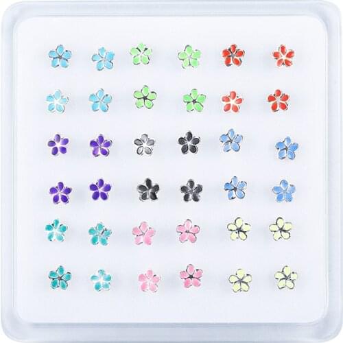 36pcs 925 sterling silver colorful sweet flower nose studs piercing body jewelry For Women ear bone straight end Wholesale New