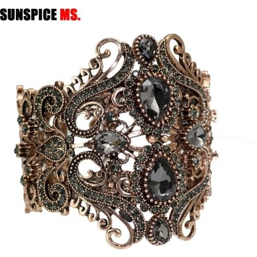 SUNSPICE-MS Retro Vintage Indian Wide Flower Bangle Cuff Women Antique Gold Color Spring Bangles Bracelet Turkish Wedding Bijoux