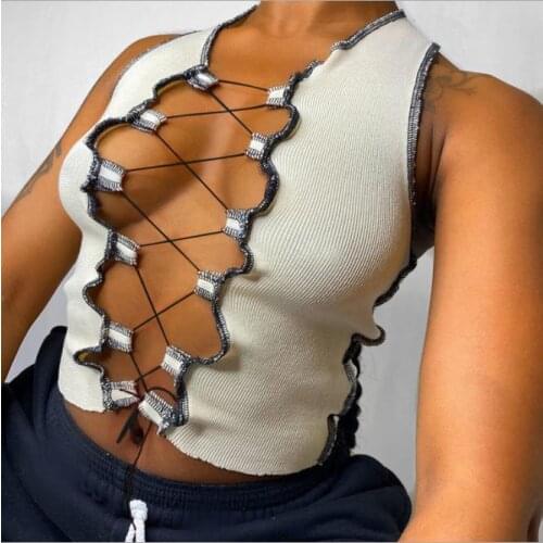 Sexy Hollow Bandage Tank Top Women Crop Top Solid Color Summer Exposed Navel Vest Top Ladies Sheath Camisole Tube Top