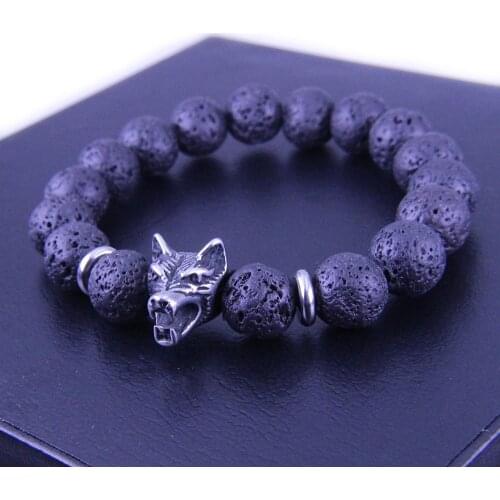 Wonlee Winle 10mm Lava Stone Beaded Stretch Bracelets for Men&Women Stainless Steel Wolve Head Charms Strand Bracelet