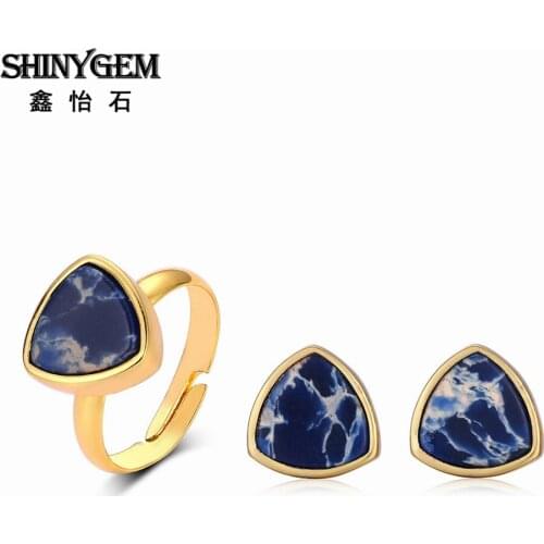 ShinyGem Gold Color Metal Jewelry Sets Natural Triangle Sea Sediment Jaspers Rings & Stud Earrings Bohemia Simple Women Jewelry