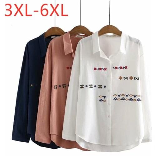 New 2021 Ladies Spring Autumn Plus Size Tops For Women Large Blouse Long Sleeve Cotton Floral Embroidery Shirt 3XL 4XL 5XL 6XL