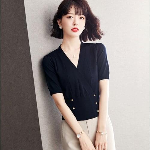 Fashion Cross V-Neck Knitted T-shirt Women 2021 Summer Office Lady Double Breasted Deep Blue Tee Tops Femme