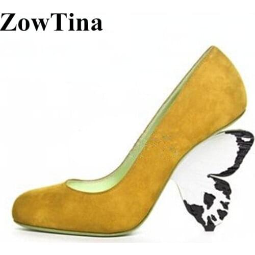 Handmade Women Round Toe Yellow Suede Pumps Design Red Wedding Shoes Ladies Valentina High Heels Shoes Blue Zapatillas Creepers