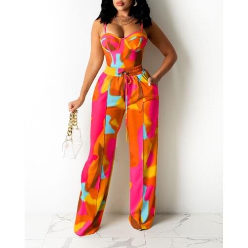 2021 Pre-fall Women Colorblock Zipper Back Cami Top & Wide Legs Contrast Pipping Pants Set Summer Two Piece Suits Outfits
