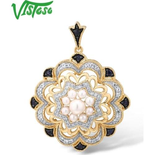 VISTOSO Gold Pendants For Women Genuine 14K 585 Yellow Gold Pendant Fresh Water Pearl Blue Sapphire Unique Elegant Fine Jewelry