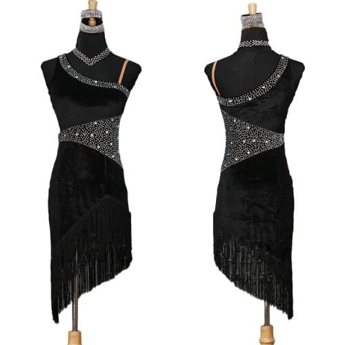 Sparkly Rhinestones Latin Dance Dress Women High-end Black Velvet Tassel Skirt Ladies Stage Ballroom Competition Clothes