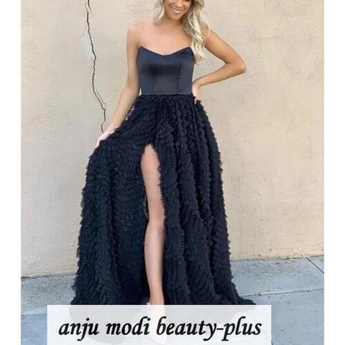 2021 Long Strapless Prom Dresses Sleeveless High Split Side Tiered Formal Evening Party Ball Gown Robe De Soiree