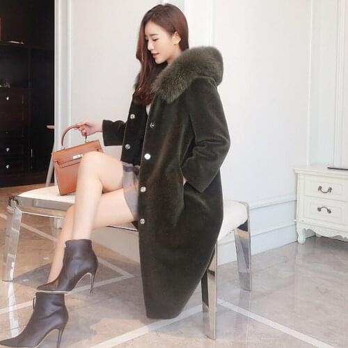 Sheep Shearing Overcoat Women Winter Warm Real Coat With Natural Fox Fur Collar Femalle Long Hoody Parka Mujer Abrigo LX2601
