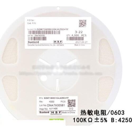 100pcs/lot 0603 SMD Thermal Resistor 100KΩ ±5% B:4250 SDNT1608X104J4250HTF Thermistor