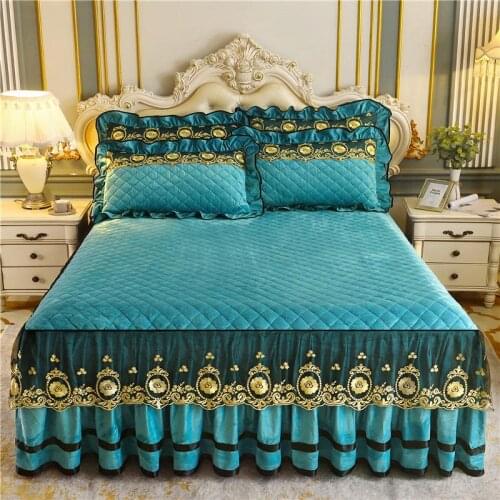 2020 new Thickened warm crystal velvet Bed spread Fitted Sheet Pillowcases 2/3 pcs Pleated double lace princess bedding