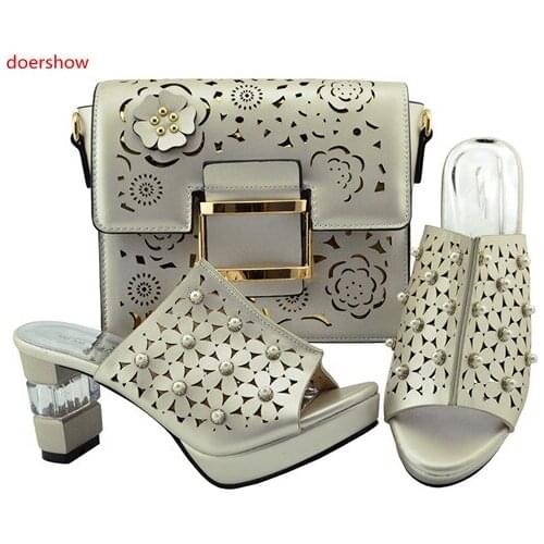 Doershow African Women Matching Italian orange Shoes and Bag Set Decorated with Rhinestone Italian Ladies Shoe and Bags JZS1-41