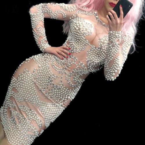 Drag Queen Costumes Lux Pearl Rhinestones Bodycon Dress Sexy Nightclub Dress Celebrate Birthday Dresses