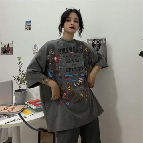 T-shirt Women Short Sleeve Oversized Simple Elegant Loose Korean Style O-Neck Womens Printed Harajuku Trendy Students Girls Tops