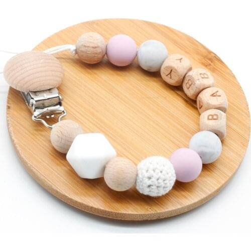 Personalized Name Silicone & Wood Pacifier Clip with Engraved Wood Letter, Soother Clips, Baby Shower Gifts, Attache Sucette